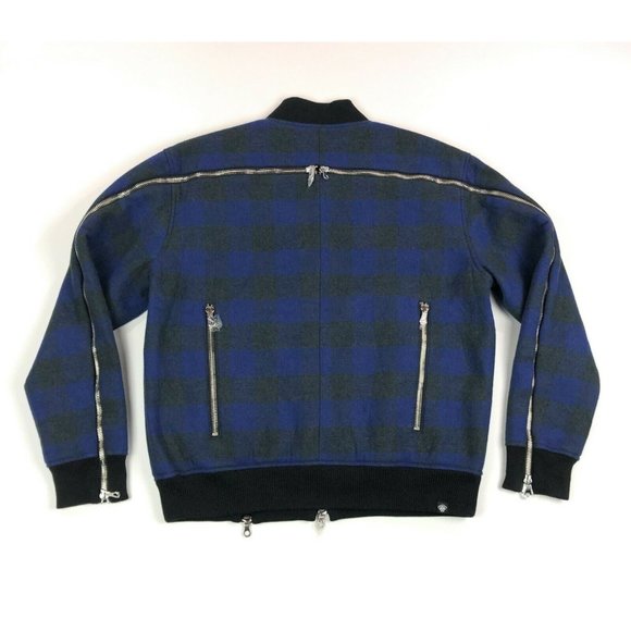 Mostly Heard Rarely Seen Mens XL Blue Black Plaid Zipper Bomber Jacket Coat - Picture 9 of 12